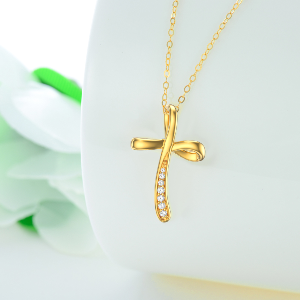 14K Gold Round Cubic Zirconia Cross Pendant Necklace-3