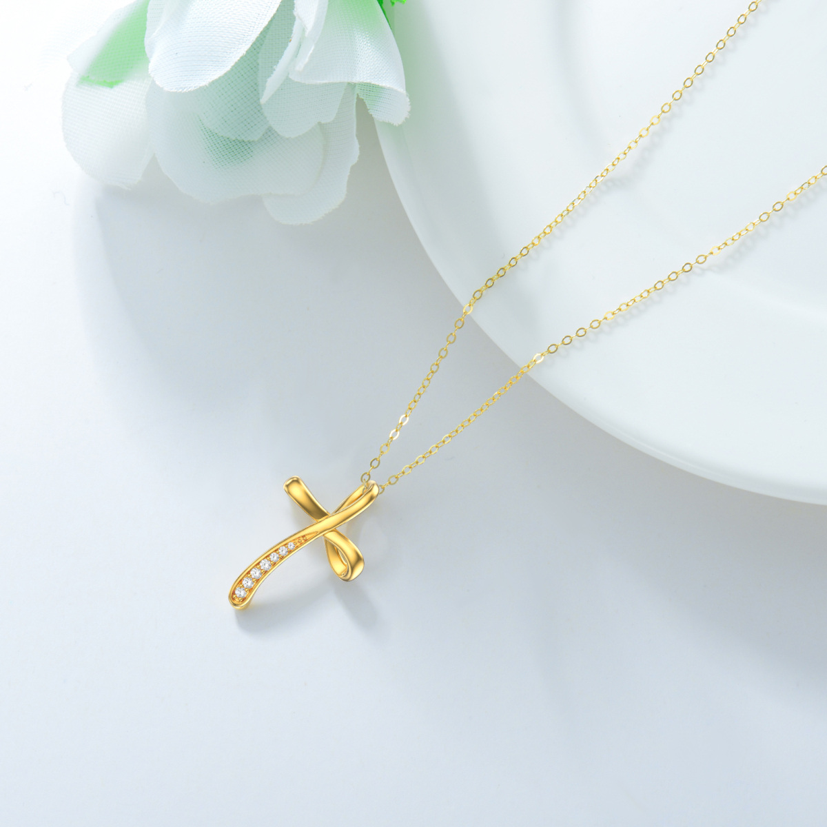 14K Gold Round Cubic Zirconia Cross Pendant Necklace-4