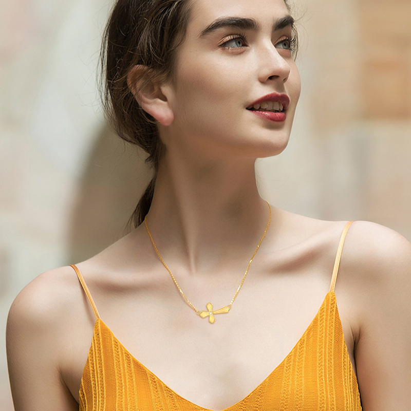 10K Gold Round Cross Pendant Necklace-2