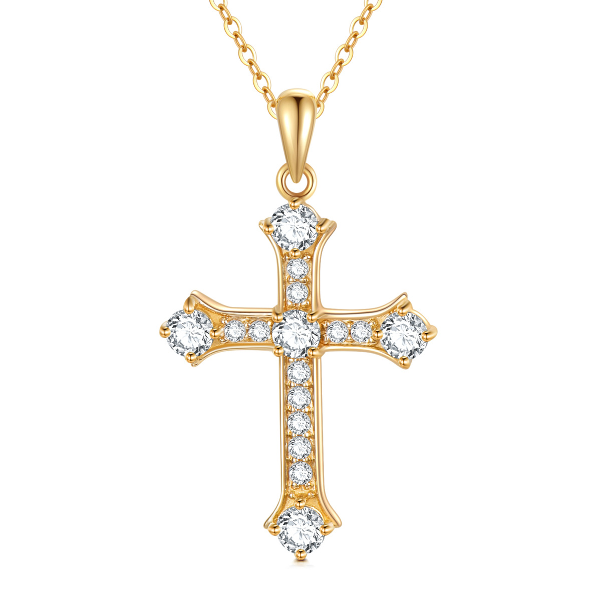 14K Gold Round Cubic Zirconia Cross Pendant Necklace-1