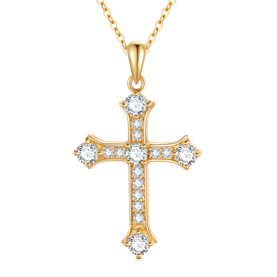 10K Gold Round Cubic Zirconia Cross Pendant Necklace