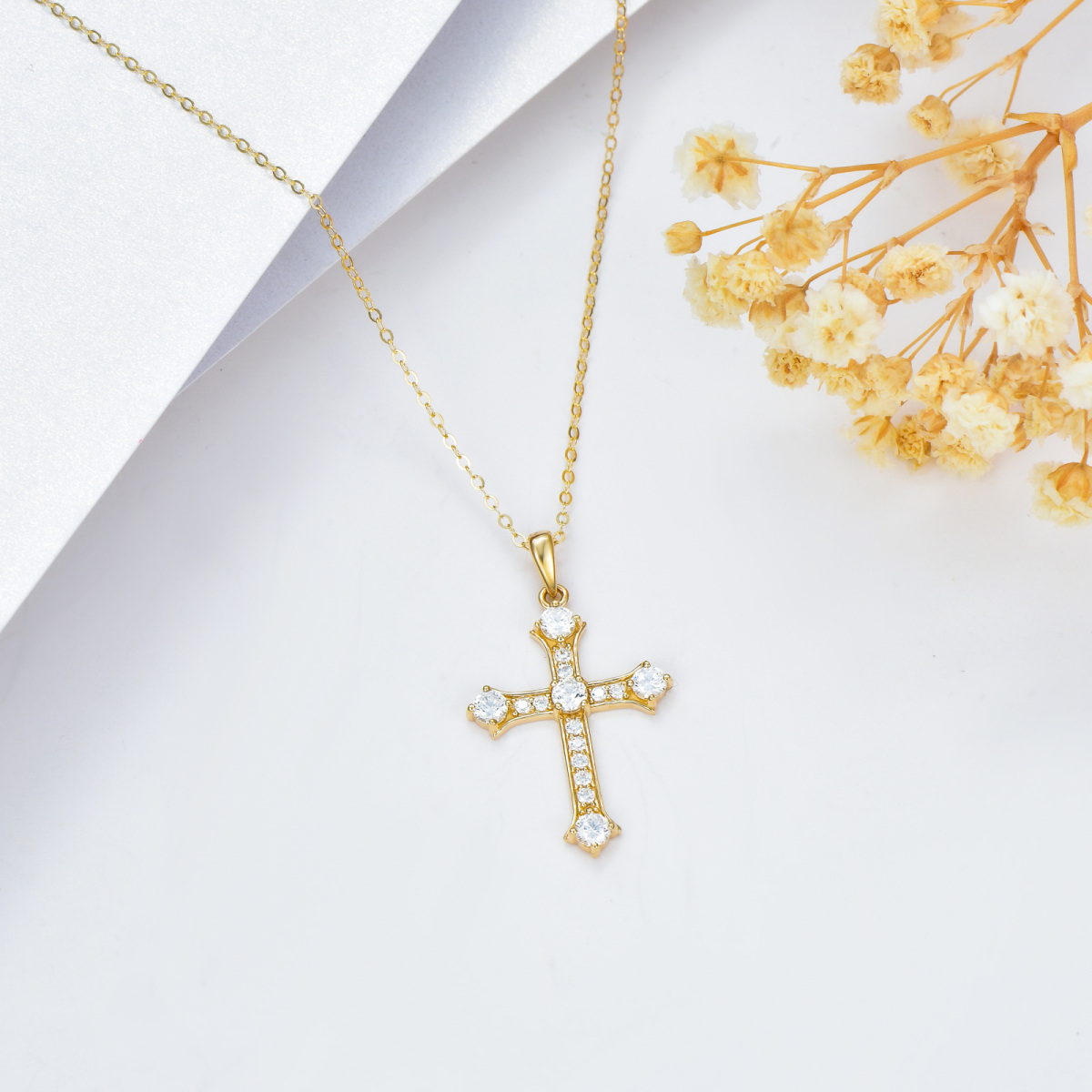 14K Gold Round Cubic Zirconia Cross Pendant Necklace-3