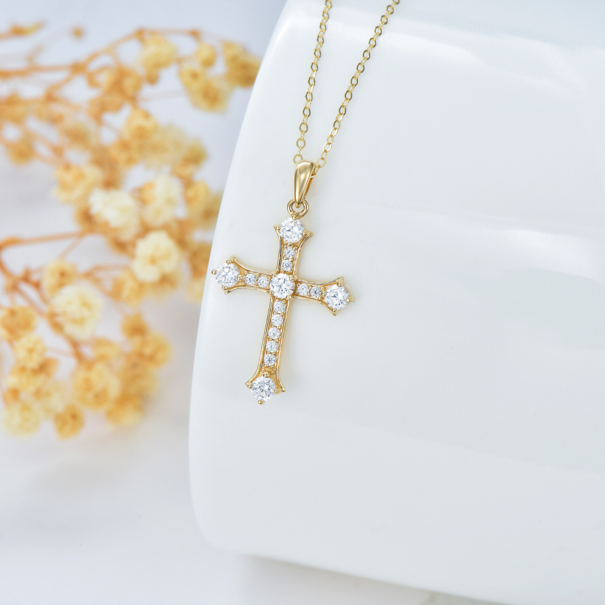 14K Gold Round Cubic Zirconia Cross Pendant Necklace-4