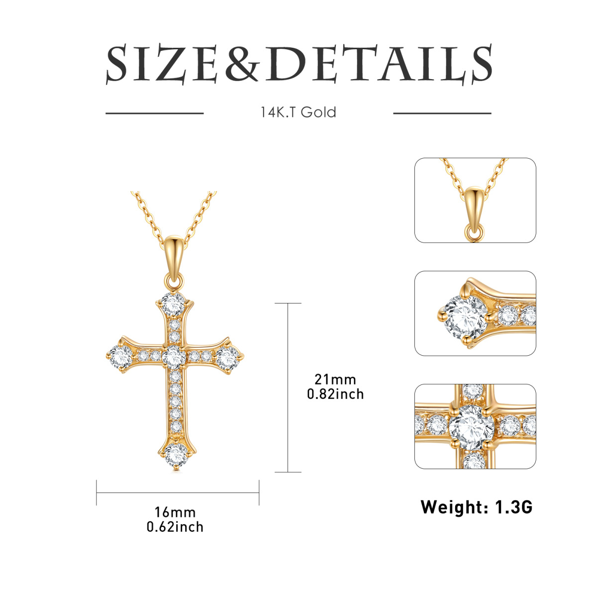 14K Gold Round Cubic Zirconia Cross Pendant Necklace-5