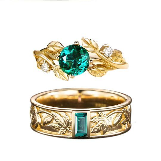14K Gold Round Cut Artificial Emerald Couple Rings