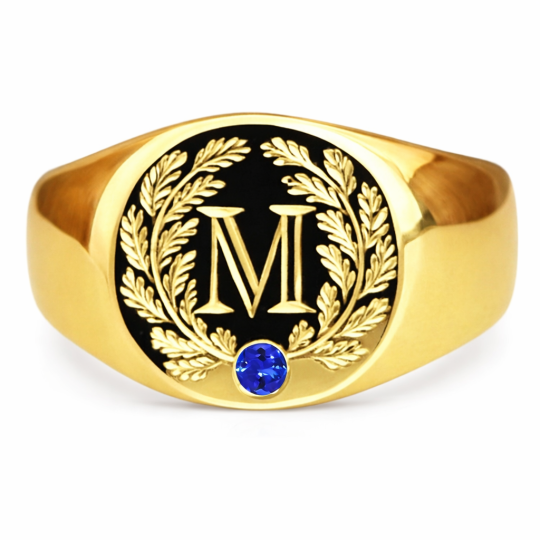 Pierścionek sygnetowy z 14-karatowego złota, okrągłej fasetowanej szlachetnym kamieniem urodzeniowym, z wienkiem laurowym i inicjałem M dla mężczyzn