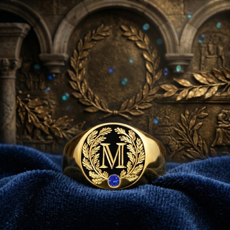 Anillo de sello en oro de 14 quilates con piedra de nacimiento talla redonda y corona de laurel, con inicial M para hombres-3