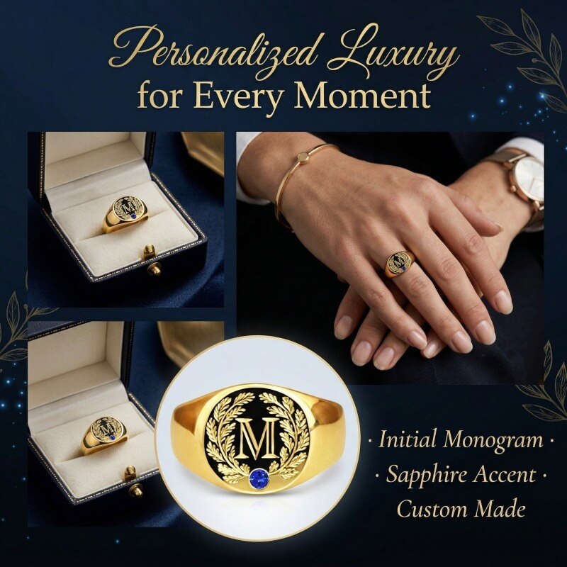 Anillo de sello en oro de 14 quilates con piedra de nacimiento talla redonda y corona de laurel, con inicial M para hombres-4
