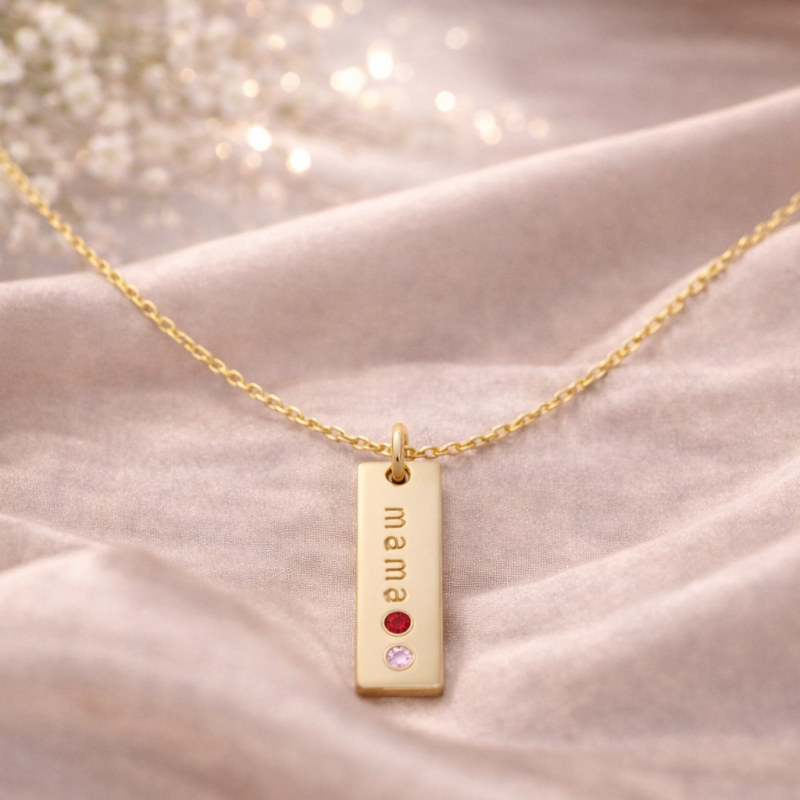 Collar colgante de oro de 14 quilates con piedra natal de corte redondo y grabado personalizado y barra-3