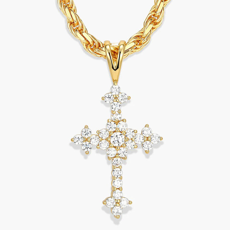 10K Gold Round Cut Cubic Zirconia Cross Pendant Necklace for Men-1
