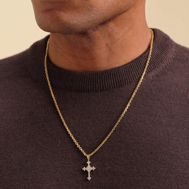 10K Gold Round Cut Cubic Zirconia Cross Pendant Necklace for Men-2