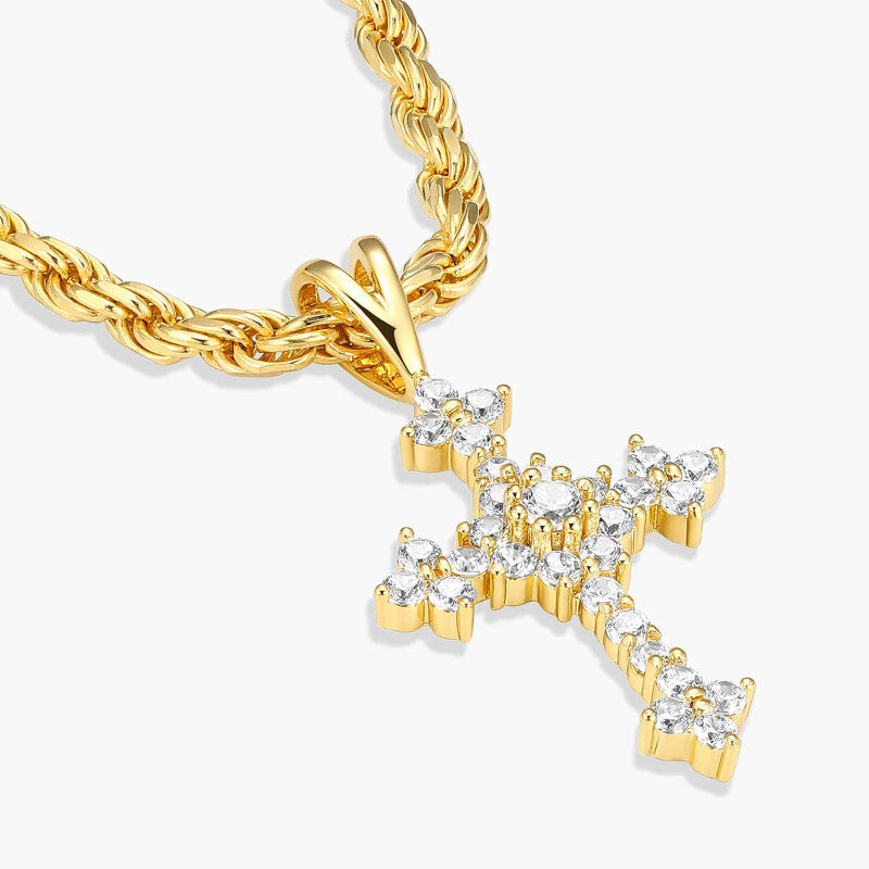 10K Gold Round Cut Cubic Zirconia Cross Pendant Necklace for Men-3