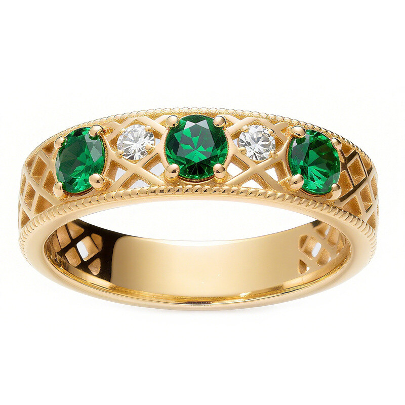 14K Gold Round Cut Emerald & Moissanite Wedding Ring-10