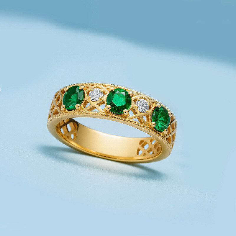 14K Gold Round Cut Emerald & Moissanite Wedding Ring-4