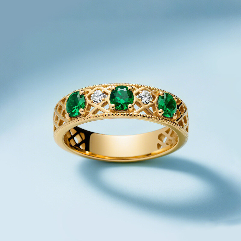 14K Gold Round Cut Emerald & Moissanite Wedding Ring-5