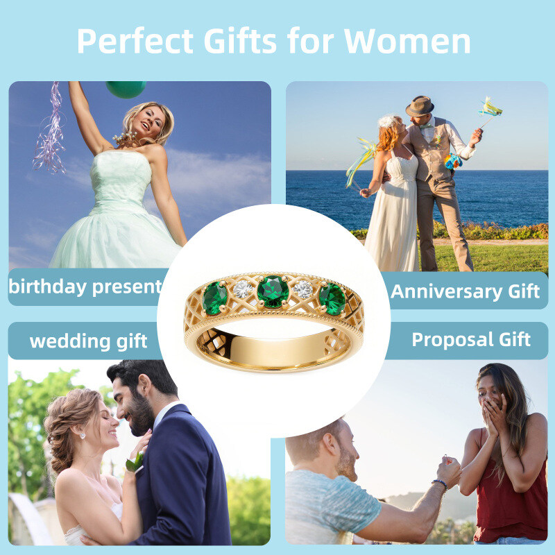 14K Gold Round Cut Emerald & Moissanite Wedding Ring-6