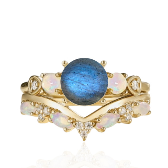 14-Karat-Gold-Rundschliff-Brautschmuckset mit Labradorit, Moissanit und Opal