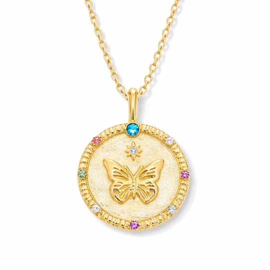 10K Gold Round Cut Moissanite & Birthstone Butterfly Coin Necklace