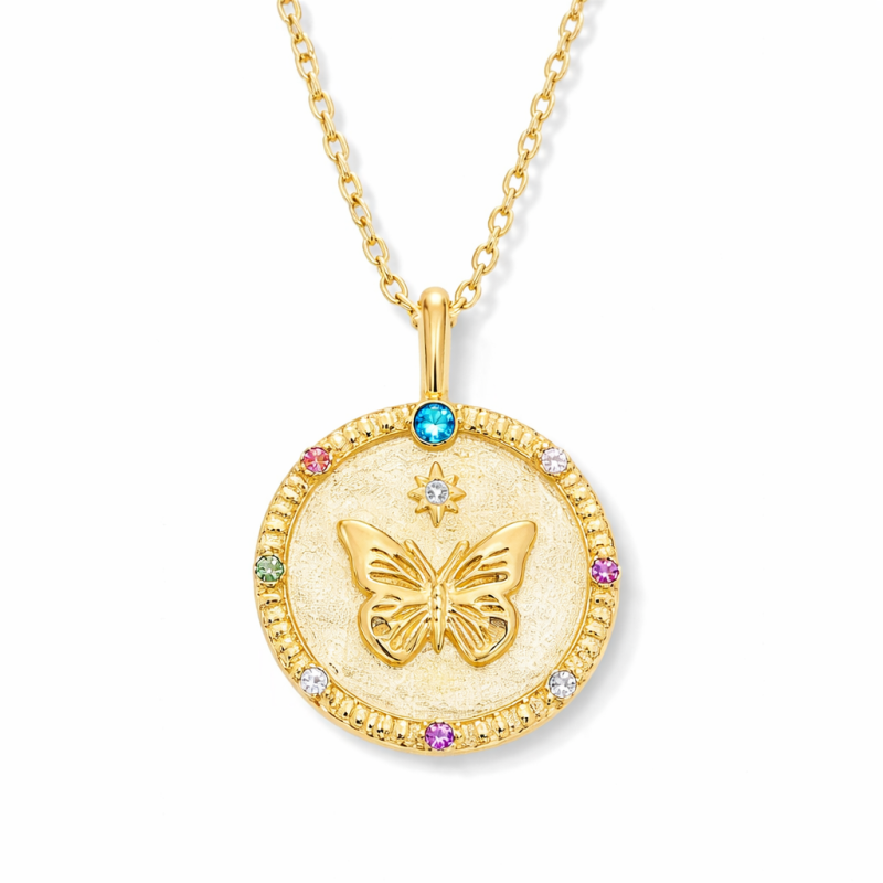 14K-Gold-Rundschliff-Moissanit- und Geburtsstein-Schmetterlingsmünzen-Halskette-1