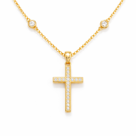 10K Gold Round Cut Moissanite Cross Pendant Necklace