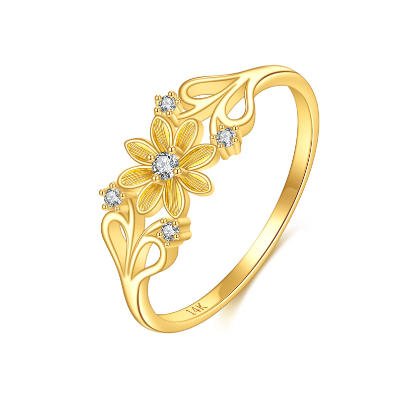 Anillo de oro con diamante de moissanita en forma redonda, de 14 quilates, diseño de margarita dorada-1