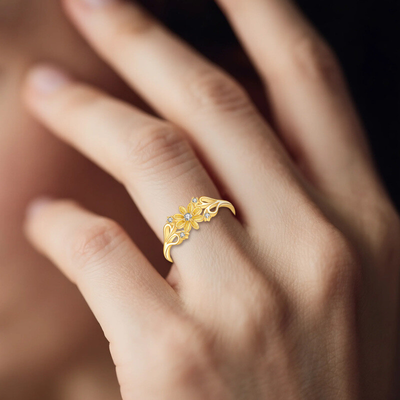 Anillo de oro con diamante de moissanita en forma redonda, de 14 quilates, diseño de margarita dorada-3