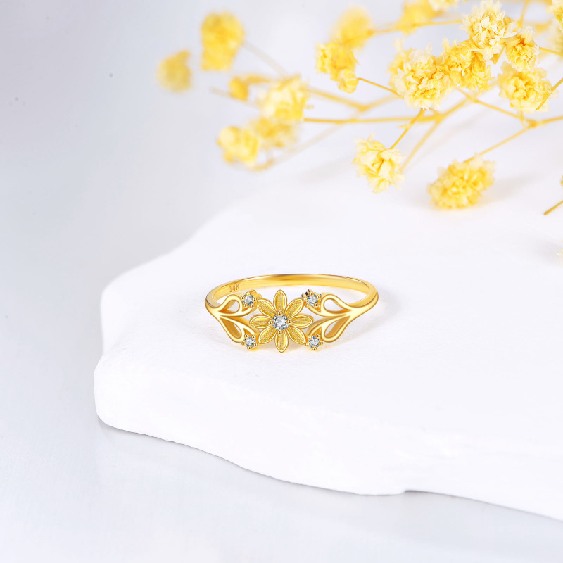 Anillo de oro con diamante de moissanita en forma redonda, de 14 quilates, diseño de margarita dorada-4