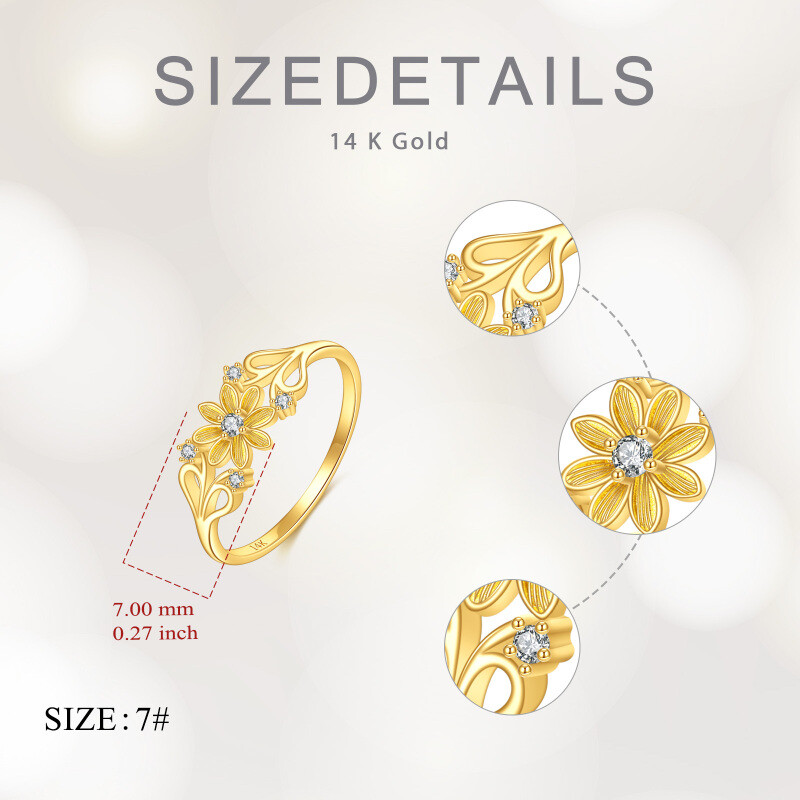 Anillo de oro con diamante de moissanita en forma redonda, de 14 quilates, diseño de margarita dorada-5