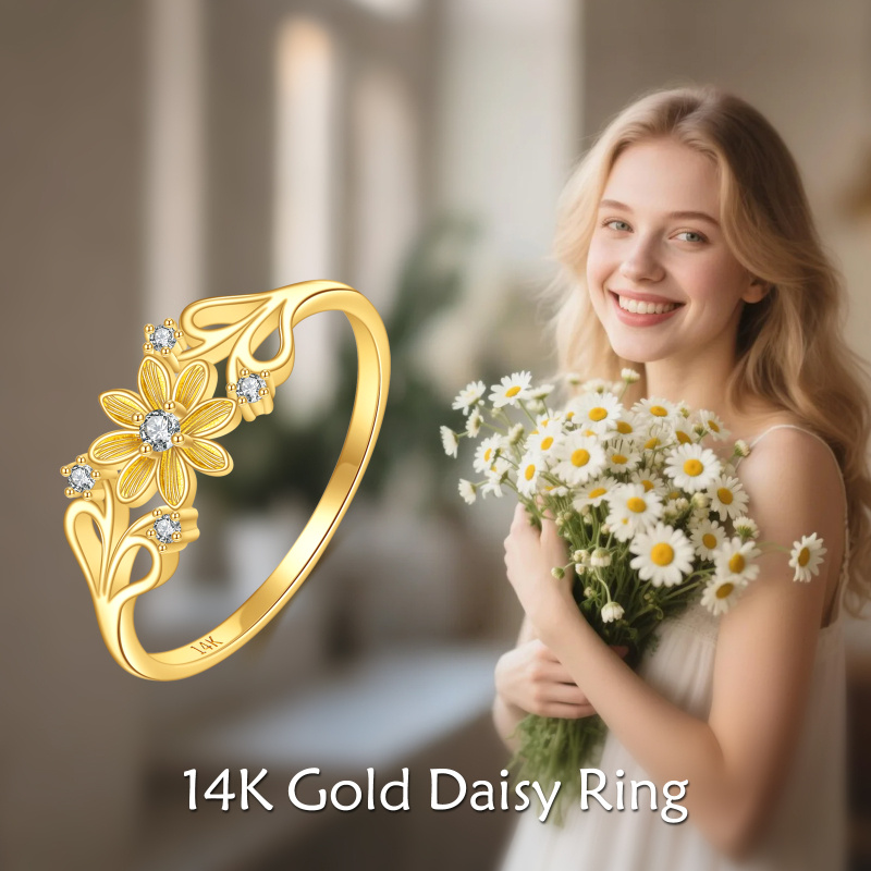 Anillo de oro con diamante de moissanita en forma redonda, de 14 quilates, diseño de margarita dorada-6