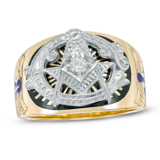 Anillo masónico de moissanita de corte redondo chapado en oro amarillo y plata de ley para hombre.