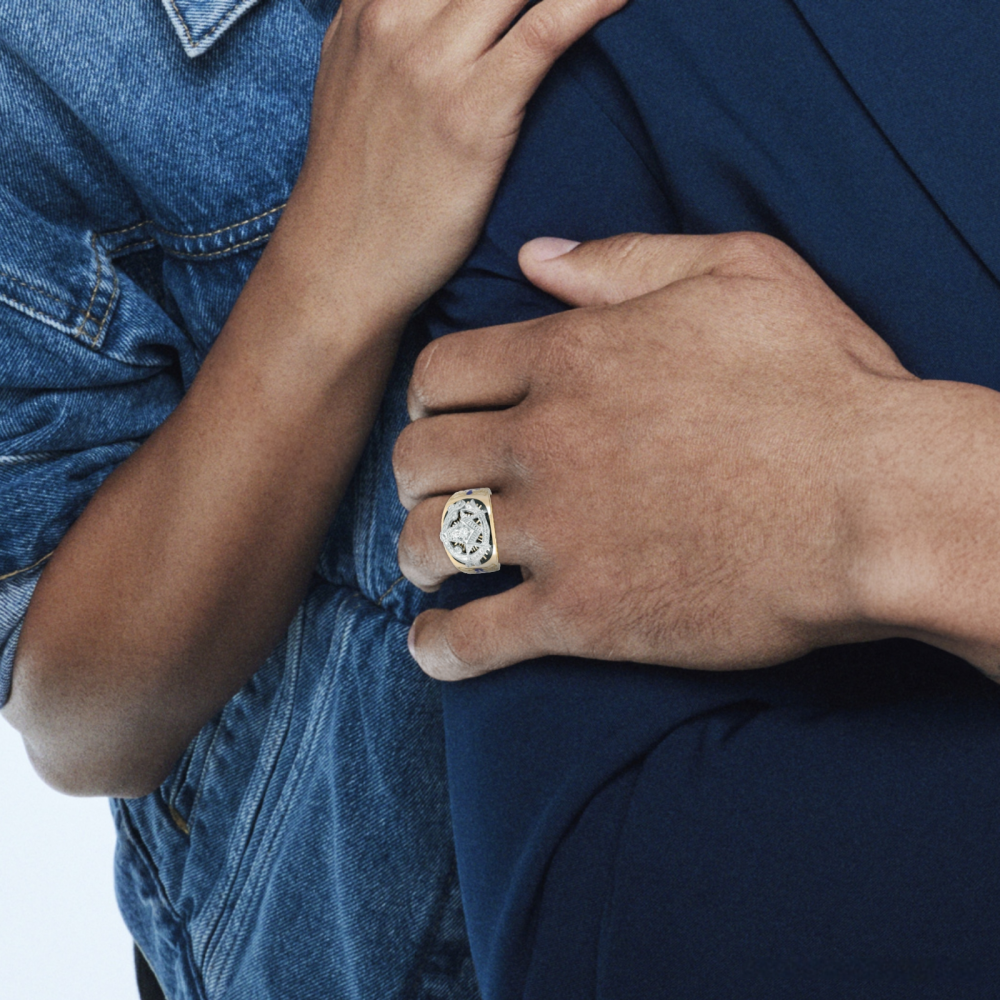 Sterling Silver with Yellow Gold Plated Round Cut Moissanite Freemason Signet Ring for Men-6