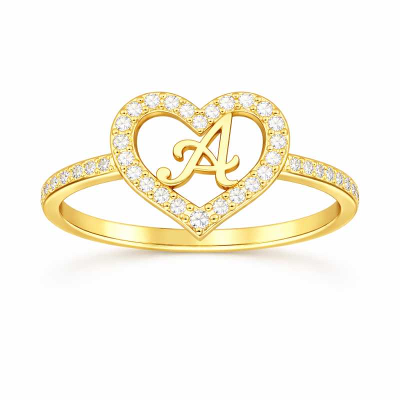Anillo personalizado con letra inicial y corazón, de moissanita de corte redondo en oro de 14 quilates-14