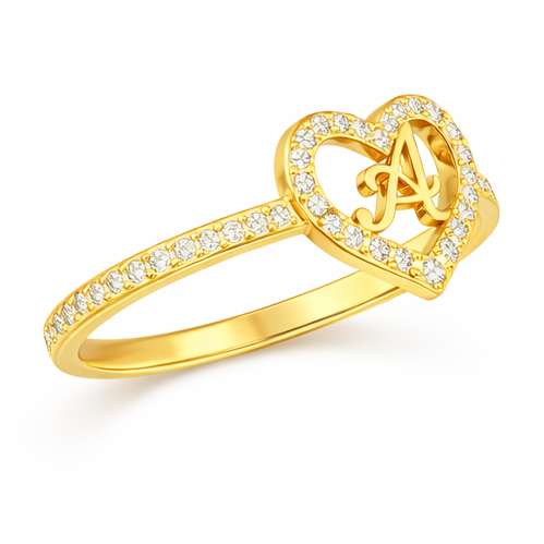 Anillo personalizado con letra inicial y corazón, de moissanita de corte redondo en oro de 14 quilates-3