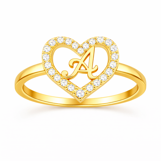 10K Gold Round Cut Moissanite Personalized Initial Letter & Heart Initial Ring
