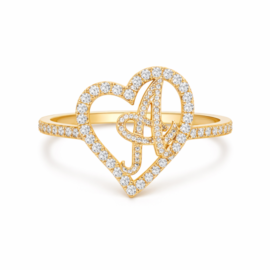 10K Gold Round Cut Moissanite Personalized Initial Letter & Heart Initial Ring