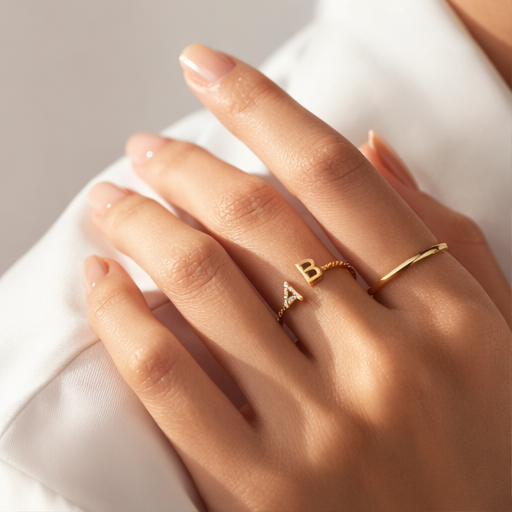 Anillo con inicial personalizado de oro de 14 quilates con diamante de moissanita de corte redondo-2