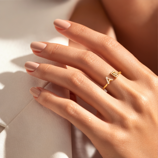 Anillo con inicial personalizado de oro de 14 quilates con diamante de moissanita de corte redondo-3