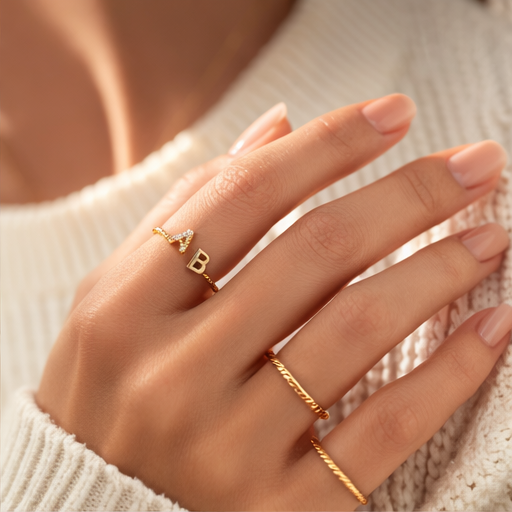 Anillo con inicial personalizado de oro de 14 quilates con diamante de moissanita de corte redondo-4