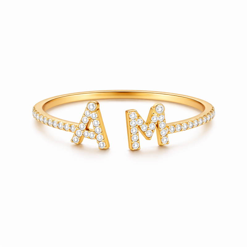 Anillo de inicial con letra inicial personalizada en oro de 14 quilates con corte redondo de moissanita-2
