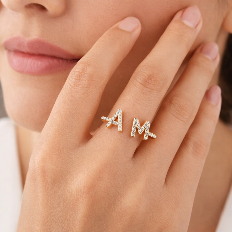 10K Gold Round Cut Moissanite Personalized Initial Letter Initial Ring-2