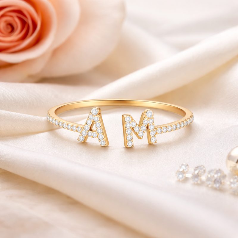 10K Gold Round Cut Moissanite Personalized Initial Letter Initial Ring-3