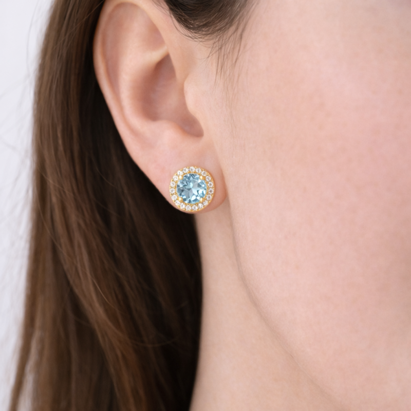 Aretes de Tachuelas de Oro de 14 Quilates con Moissanita de Corte Redondo y Topacio-2