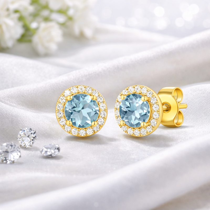 Aretes de Tachuelas de Oro de 14 Quilates con Moissanita de Corte Redondo y Topacio-3