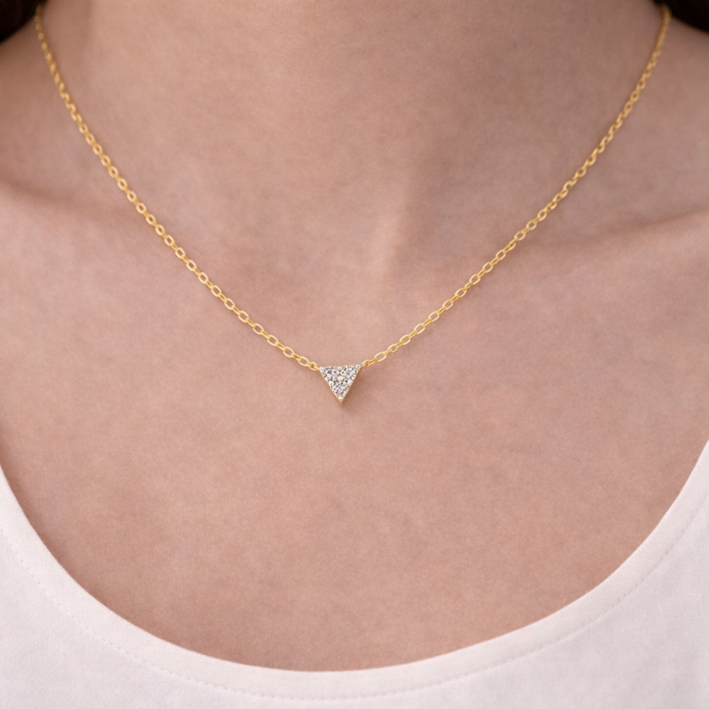 18K Gold Round Cut Moissanite Triangle Pendant Necklace-2
