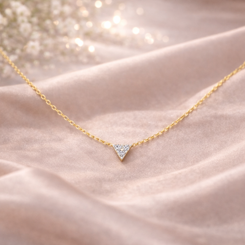 18K Gold Round Cut Moissanite Triangle Pendant Necklace-3