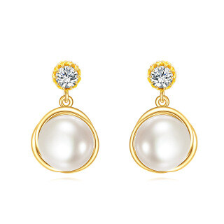 14K Gold Round Cut Pearl Stud Earrings-1