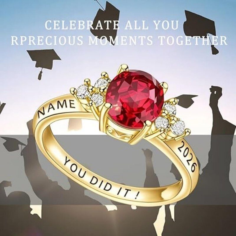 18K Gold Round Cut Personalized Birthstone & Engravable Class Ring-4