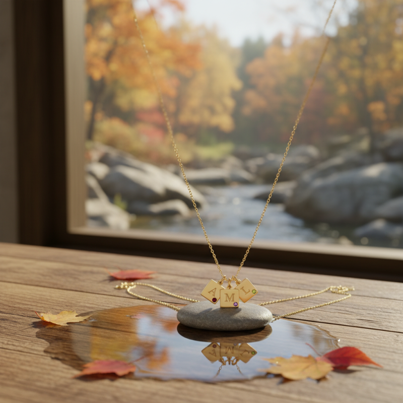 Collar con colgante de oro de 14 quilates con piedra de nacimiento personalizada y grabado, diseño redondo-3