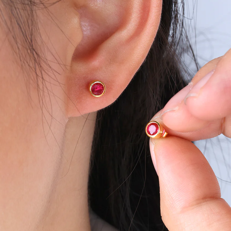 Gold Vermeil Round Cut Personalized Birthstone & Round Stud Earrings-2