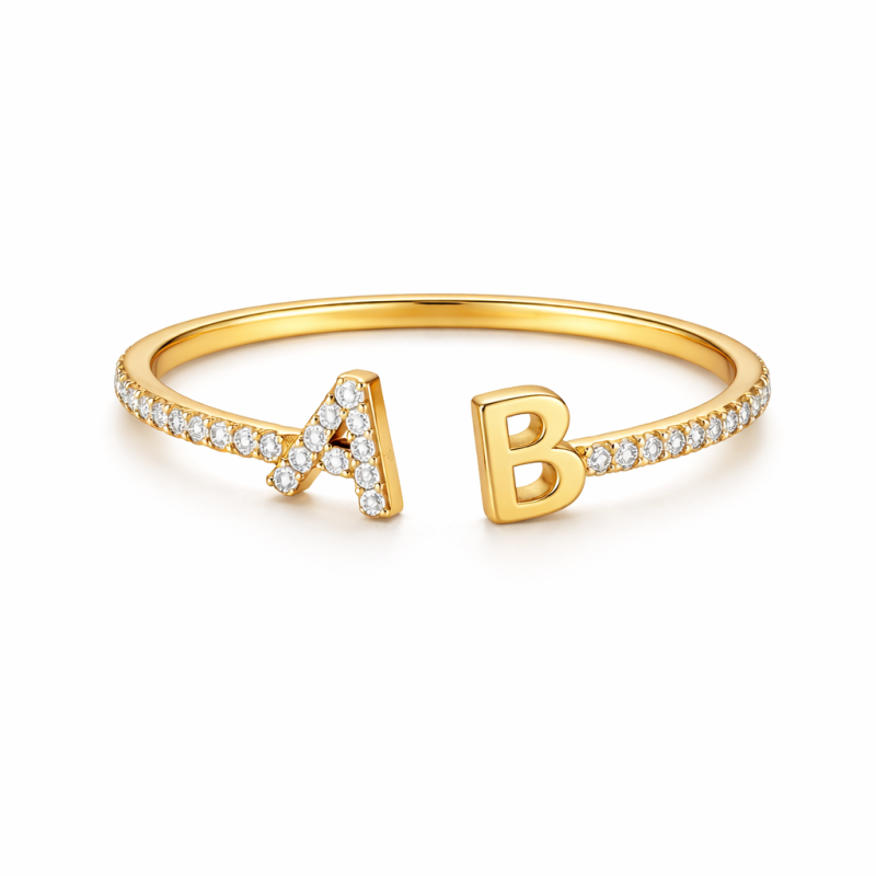 Anillo personalizado con inicial en oro de 14 quilates, corte redondo-6